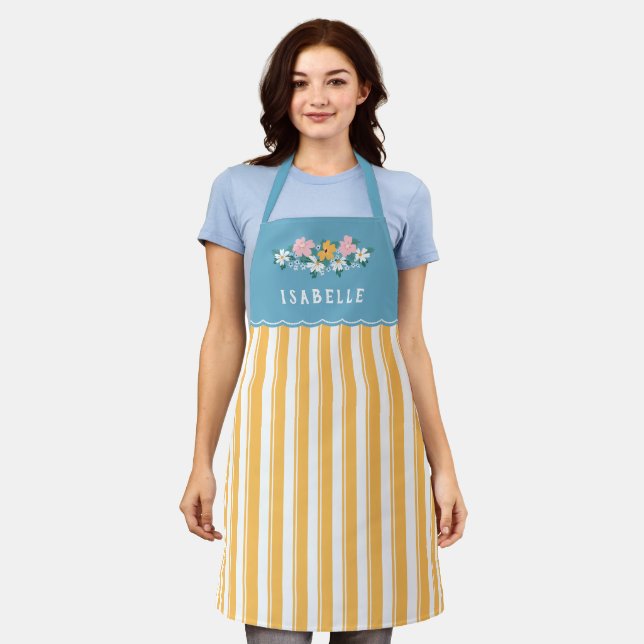 Pretty Yellow Stripes Blue Yellow Flowers Apron (Worn)