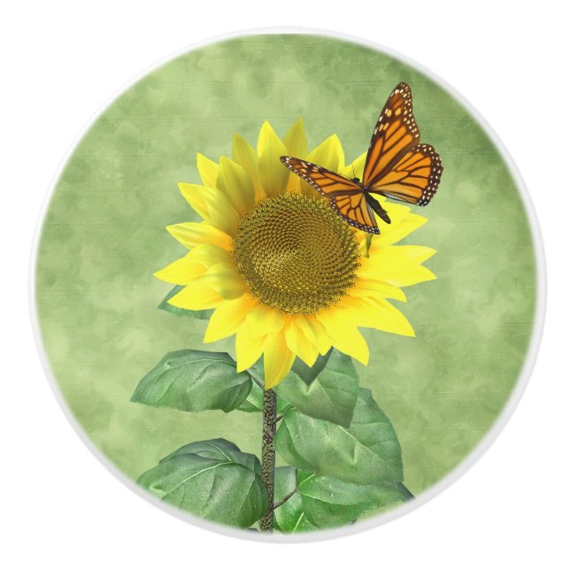 Pretty Yellow Sunflower and Orange Butterfly Ceramic Knob (Front)