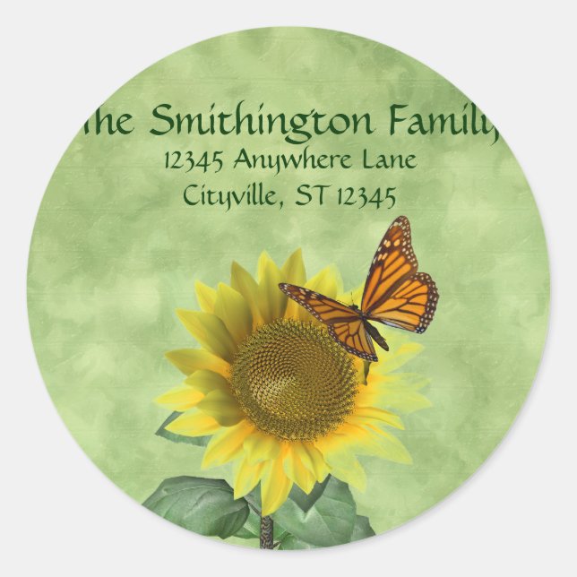 Pretty Yellow Sunflower and Orange Butterfly Classic Round Sticker (Front)