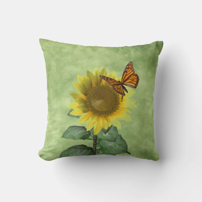 Pretty Yellow Sunflower and Orange Butterfly Cushion (Front)