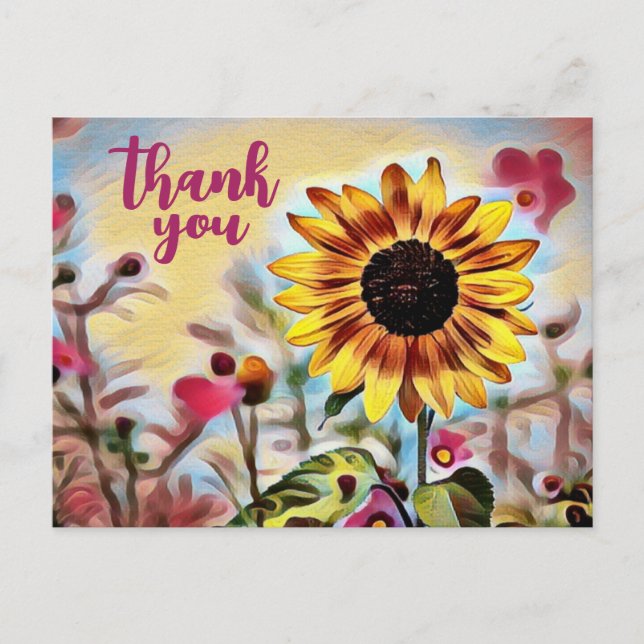 Pretty Yellow Sunflower and Pink Flowers Thank You Postcard (Front)