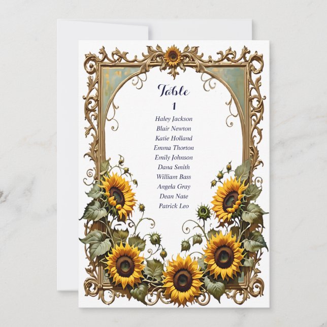 Pretty Yellow sunflower art seating chart card (Front)