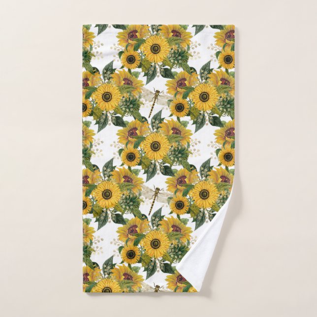 Pretty Yellow Sunflower Bouquet Dragonflies Hand Towel (Hand Towel)