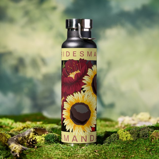 Pretty Yellow Sunflower Bridesmaid Name Wedding Water Bottle (Outdoor)