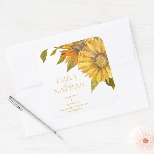 Pretty Yellow Sunflower Elegant Floral Wedding  Square Sticker (Envelope)