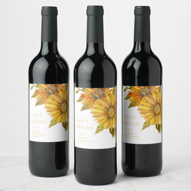 Pretty Yellow Sunflower Elegant Floral Wedding  Wine Label (Bottles)