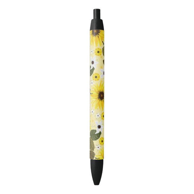 Pretty Yellow Sunflower Garden Floral Black Ink Pen (Front Vertical)