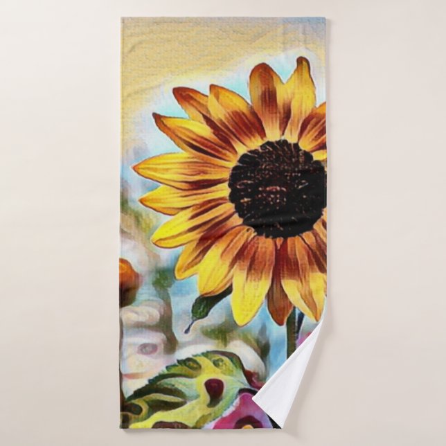 Pretty Yellow Sunflower in Field of Flowers Bath Towel (Bath Towel)
