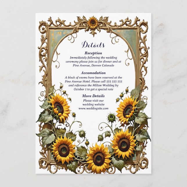 Pretty Yellow sunflower with art frame wedding Enclosure Card (Front)