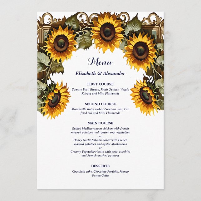 Pretty Yellow sunflower with art frame wedding Menu (Front)