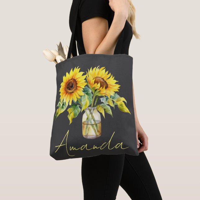 Pretty Yellow Sunflowers Black Minimalist Name Tote Bag (Close Up)