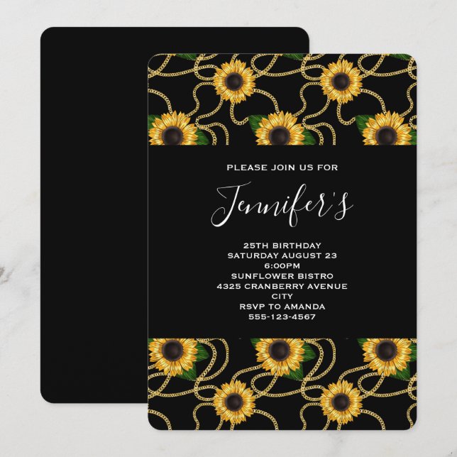 Pretty Yellow Sunflowers Pattern on Black Birthday Invitation (Front/Back)