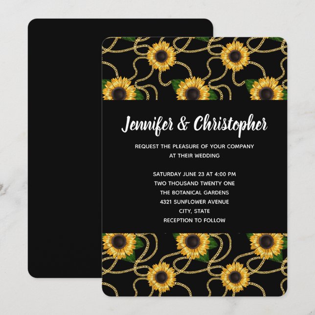 Pretty Yellow Sunflowers Pattern on Black Wedding Invitation (Front/Back)