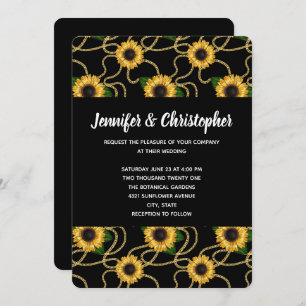 Pretty Yellow Sunflowers Pattern on Black Wedding Invitation