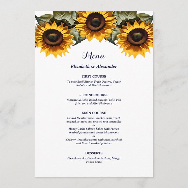 Pretty Yellow sunflowers wedding Menu (Front)