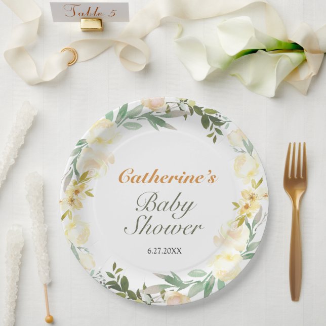 Pretty Yellow Watercolor Floral Baby Shower Paper Plate (Wedding)