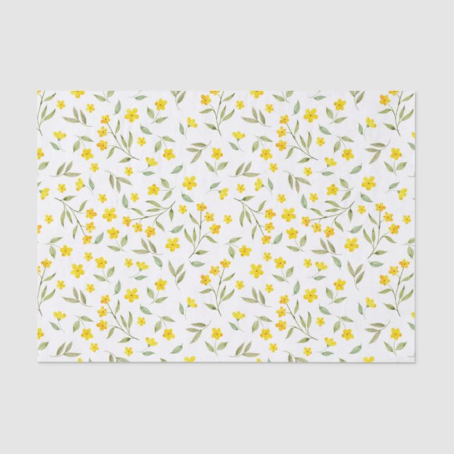 Pretty Yellow Watercolor Floral Blooms Pattern Tissue Paper (Front)