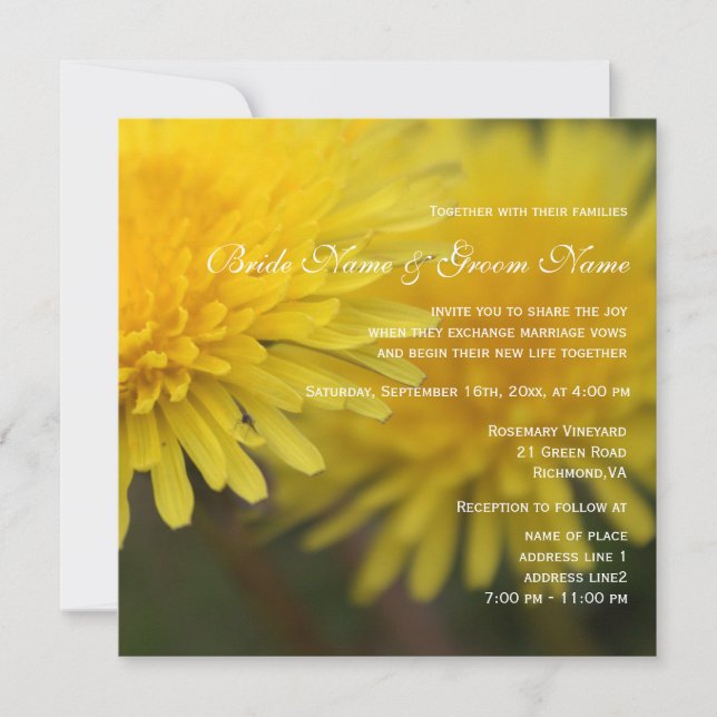 Pretty yellow wild flower dandelion wedding invitation (Front)