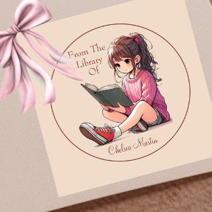 Pretty Young Girl Reading Book Bookplate Square Sticker