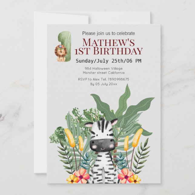 Pretty zebra l Wild animals l Safari 1th Birthday Invitation (Front)