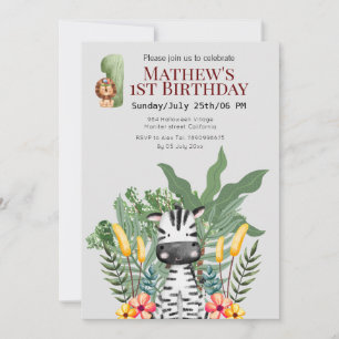 Pretty zebra l Wild animals l Safari 1th Birthday Invitation