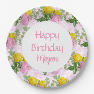 PrettyPink Yellow Roses Happy Birthday Floral  Paper Plate