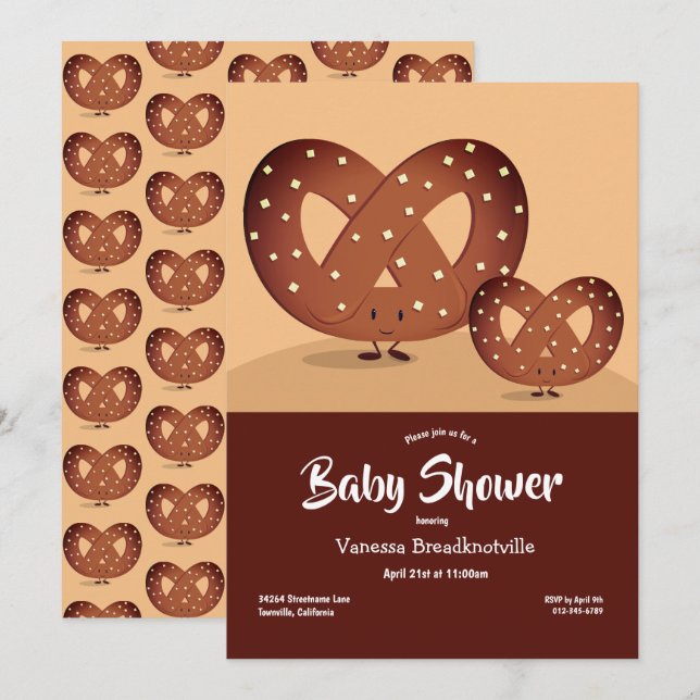 Pretzel Baby Shower Brown Foodie Cute Cartoon Invitation (Front/Back)