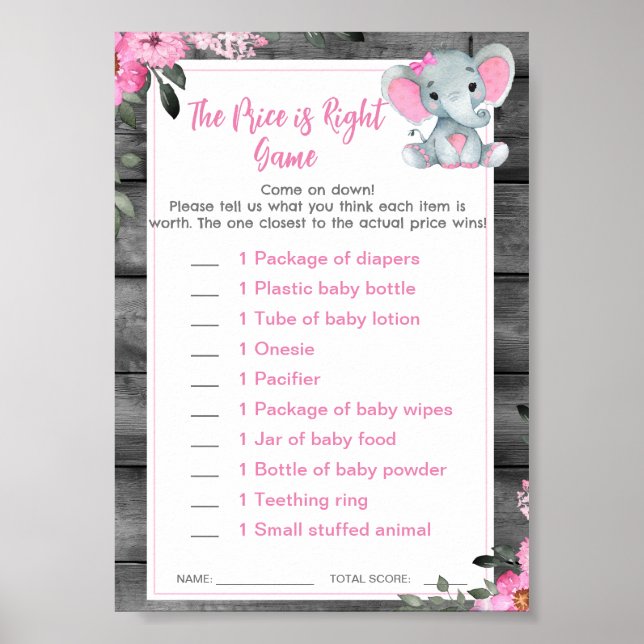 Price is Right Baby Shower Game Elephant Pink Poster (Front)