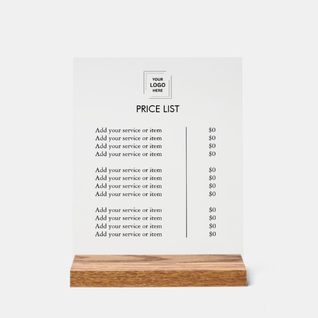 Price List Acrylic Sign | Clear Tabletop Display (Front)
