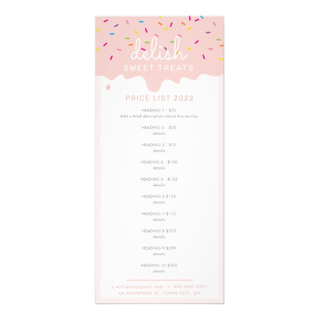 PRICE LIST bakery cake frosting drip blush Rack Card (Front)