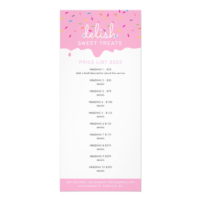 PRICE LIST bakery pink frosting drip sprinkles Rack Card (Front)
