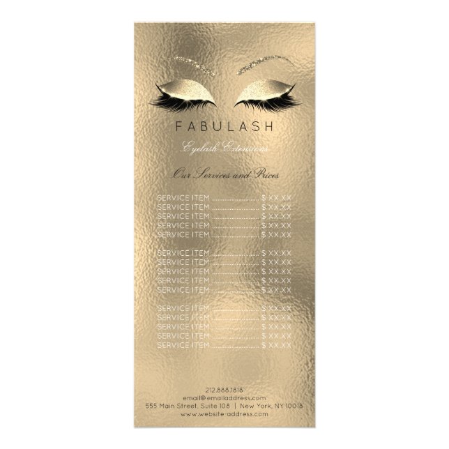 Price List Beauty Salon Lashes Gold Makeup Glitter Rack Card (Front)