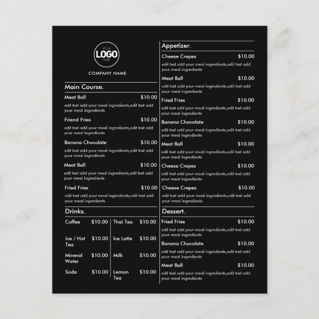 Price List | Black Business Menu Modern Restaurant (Front)