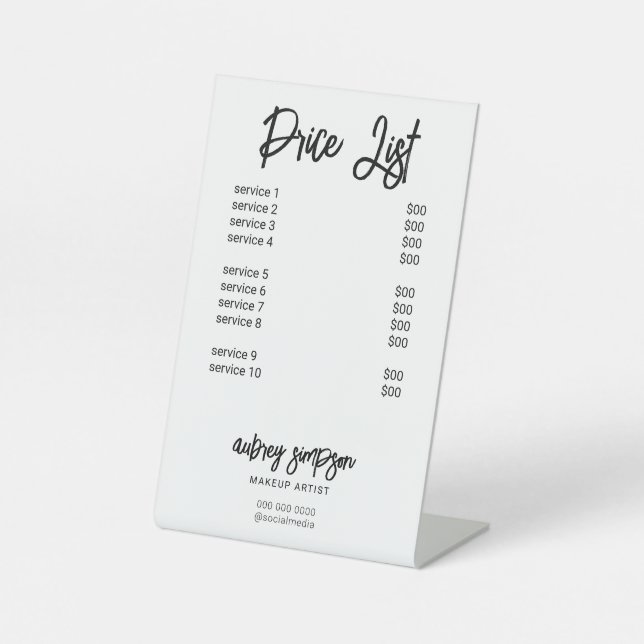 Price List Brush Script White Pedestal Sign (Front)