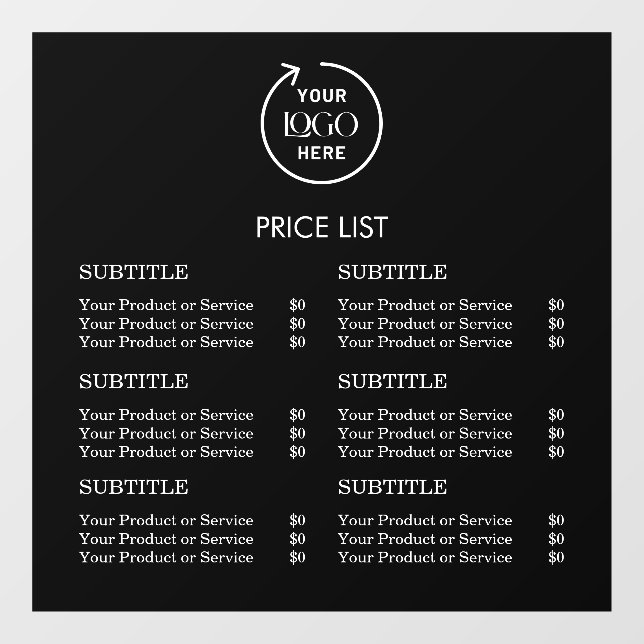 Price List | Business Logo Black Modern Minimalist Window Cling (Sheet)