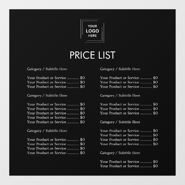 Price List | Custom Black Modern Business  Window Cling (Sheet)