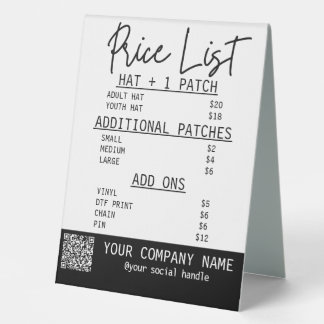 Price list for trucker hat bar