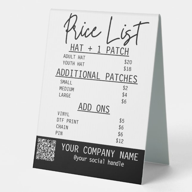 Price list for trucker hat bar (Front)