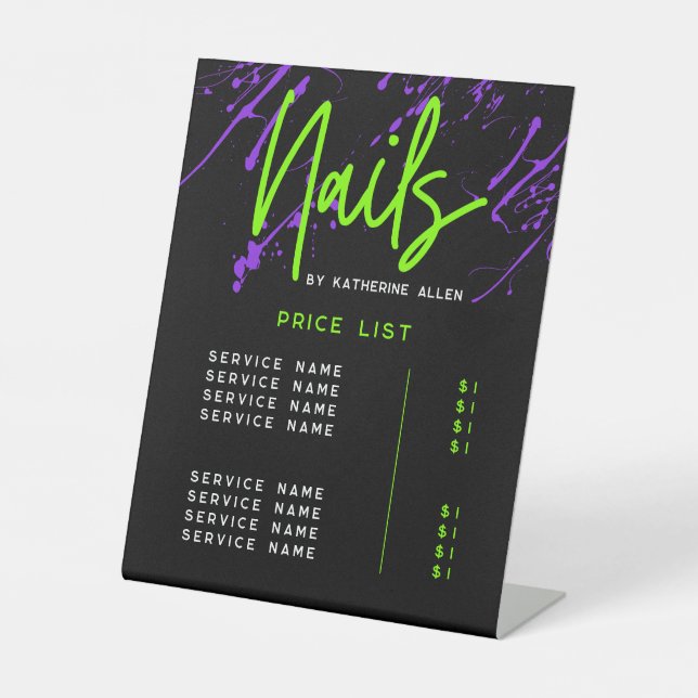 Price List Green Neon Purple Nail Salon Nails Pedestal Sign (Front)