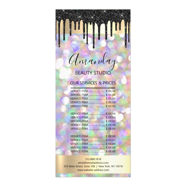 Price List Hair Makeup Lash Nail Drip Holographic Rack Card (Front)