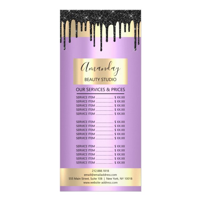 Price List Hair Makeup Lash Nail Gold Drip Purple Rack Card (Back)