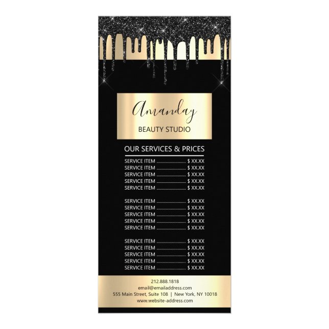 Price List Hair Makeup Lash Nail Gold Drips Black Rack Card (Front)
