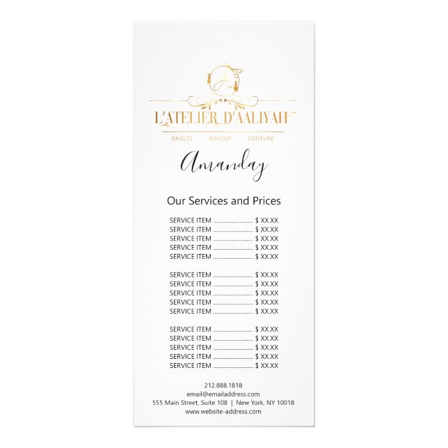 Price List Hair Makeup Lashes Nail Wax Logo White Rack Card (Back)