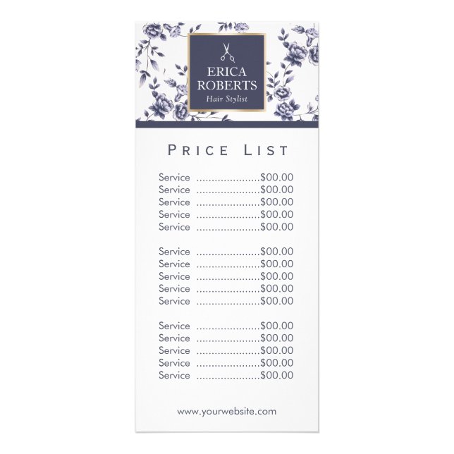 Price List | Hair Stylist Vintage Blue Floral Rack Card (Front)
