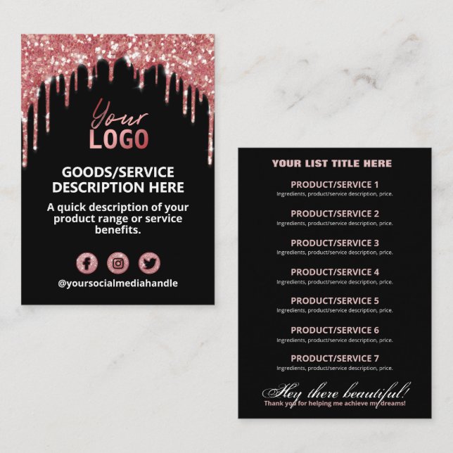 Price List Ingredients Rose Gold GlitterDrips Business Card (Front/Back)