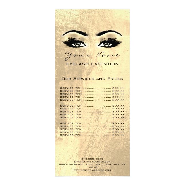 Price List Lashes Extension Makeup Artist Gold Lux Rack Card (Back)