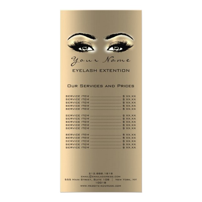 Price List Lashes Extension Makeup Artist Gold Rack Card (Back)
