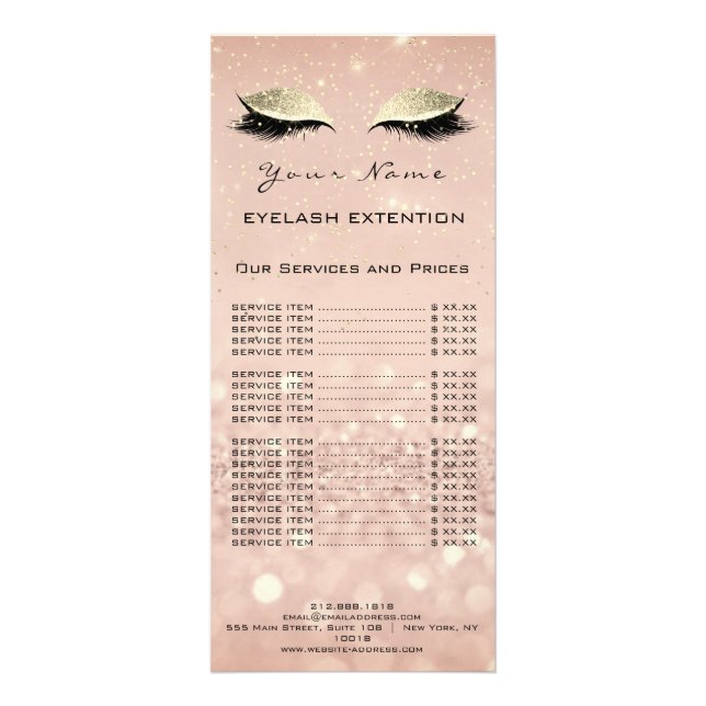 Price List Lashes Extension Makeup Blush Gold Rack Card (Back)