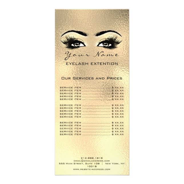 Price List Lashes Extension Makeup Gold Glass Faux Rack Card (Back)