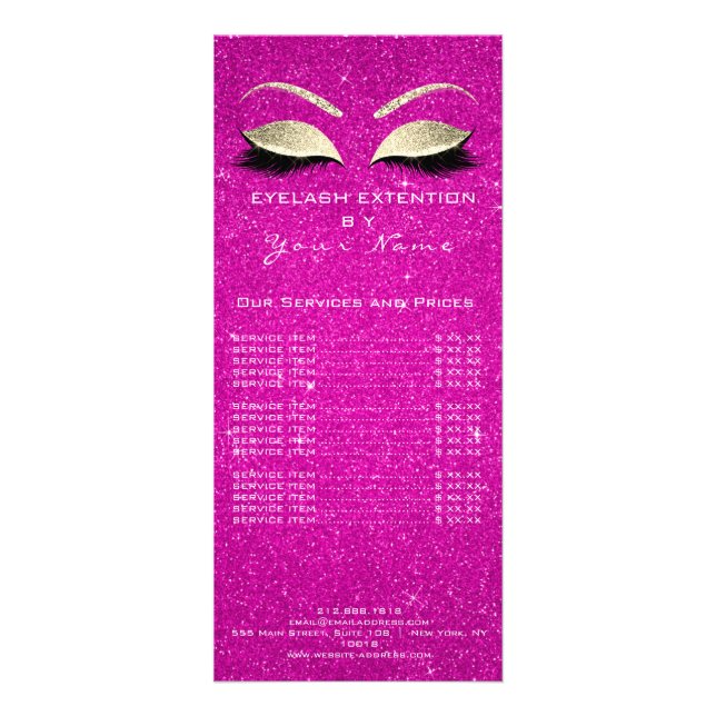 Price List Lashes Extension Makeup Hot Pink Gold Rack Card (Front)